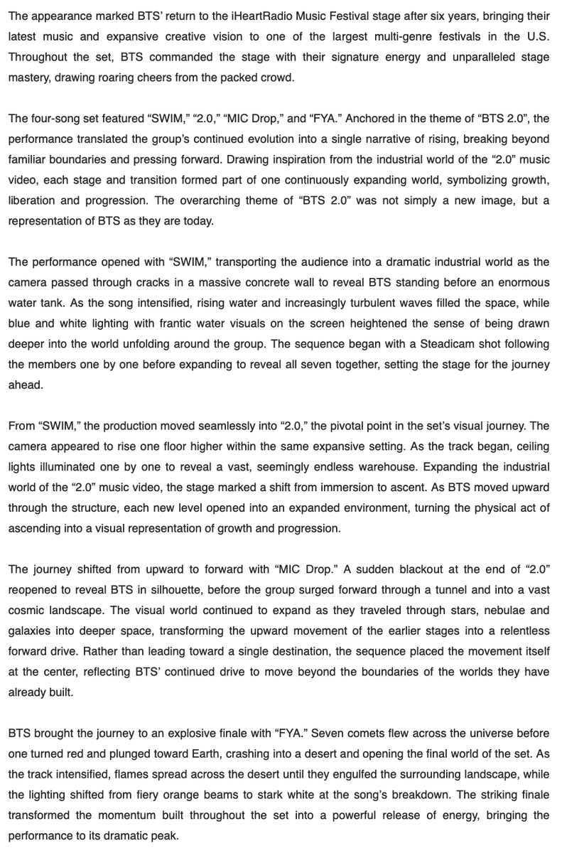 headlineplanet's tweet photo. BIGHIT on BTS' iHeartRadio Music Festival performance (photos via HYBE/BIGHIT)

"The performance translated the group’s continued evolution into a single narrative of rising, breaking beyond familiar boundaries and pressing forward." (@bts_bighit) https://t.co/d882mbFPKm
