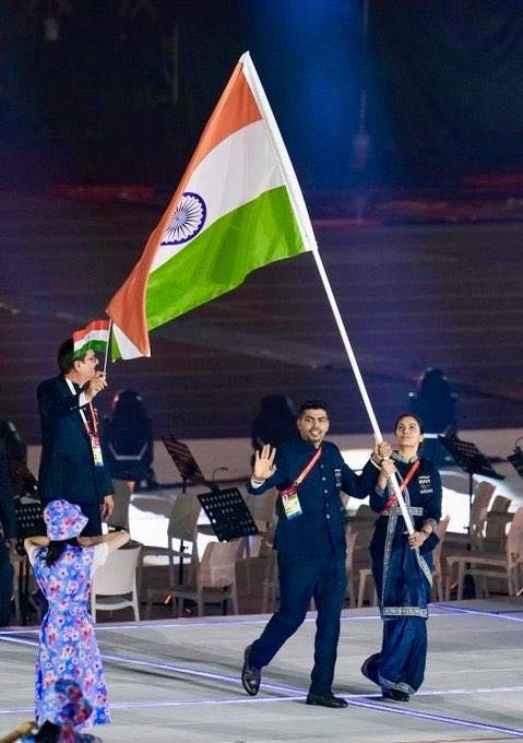 AmitShah's tweet photo. Heartiest best wishes to the Indian contingent at the Asian Games being held in Japan. They are the fiery spark of India's indomitable sporting prowess and unwavering will to enhance our nation's pride.

They will certainly set new benchmarks for excellence with their resolve to emerge victorious.