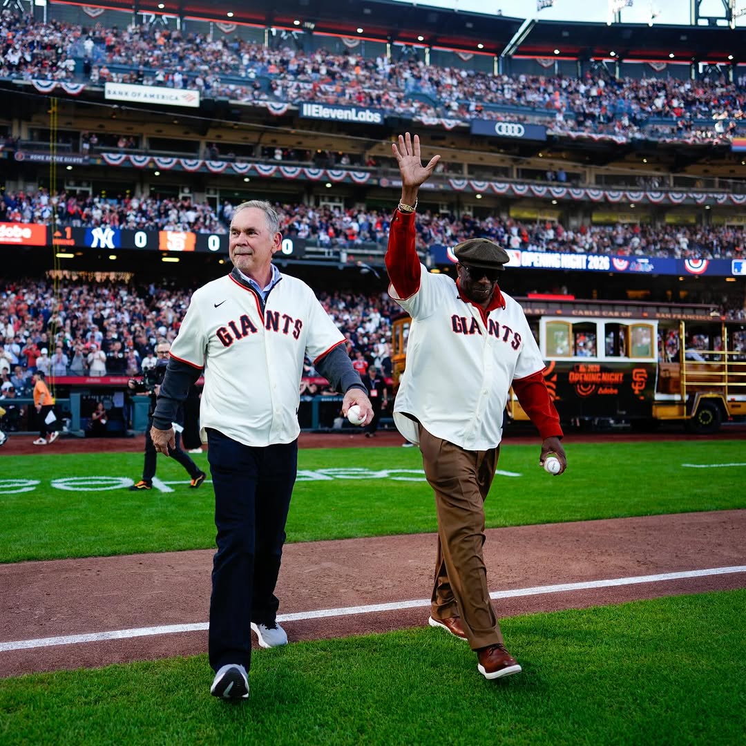 cellosantosmart's tweet photo. On Opening Night, two legends tossed the first pitch 🧡 https://t.co/OvoKfvLDu8
