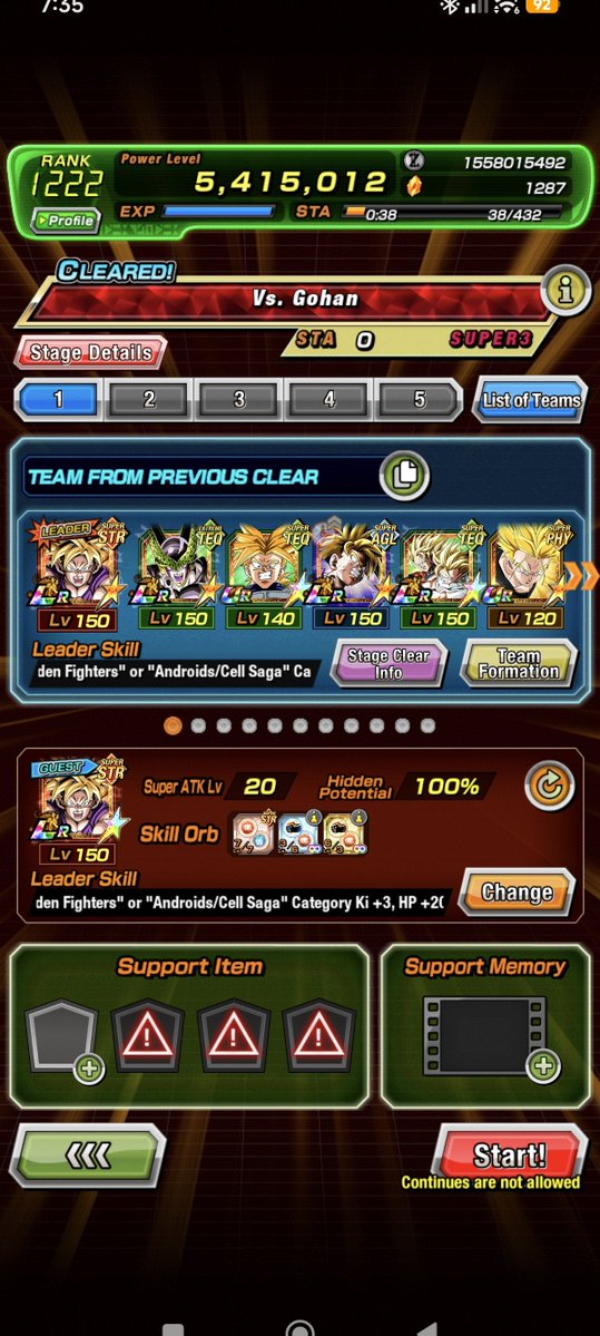Dokcatbattle's tweet photo. Supreme magnificent Battle RE - The Cell games, stage 3 vs Gohan, 6 Android Cell Saga + no item, 2n equip missió 1 personatge de cada color #dokkanbattle #boladedrac https://t.co/fuhH7JnUAt