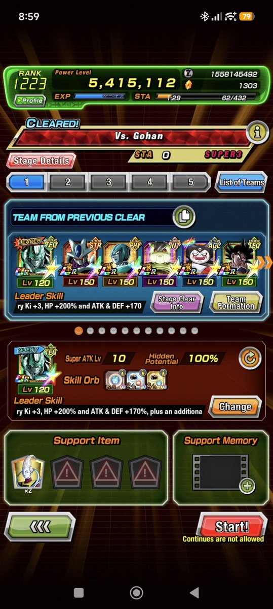 Dokcatbattle's tweet photo. Supreme magnificent Battle RE - The Cell games, stage 3 vs Gohan, 6 Android Cell Saga + no item, 2n equip missió 1 personatge de cada color #dokkanbattle #boladedrac https://t.co/fuhH7JnUAt