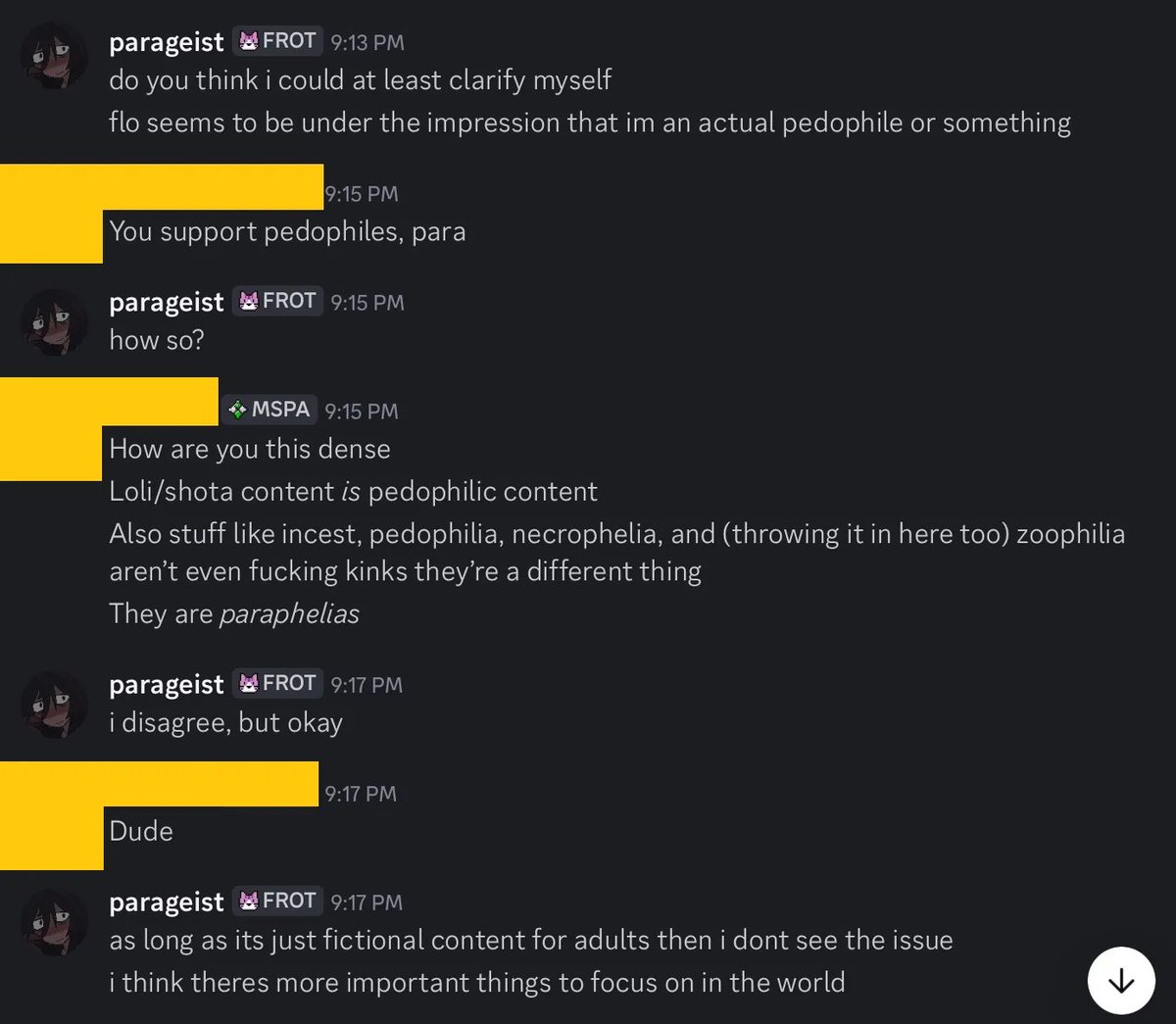 CSAROPF's tweet photo. THREE EXTRA NOTES!!:

1. all screenshots we shared here was already censored when we viewed the thread calling this person out.

2. no one knows who this "21st century shizo man" is. no ones been able to find their socials.

3. Proof they are self identified as pro loli/profic. https://t.co/xUXfVcPwQE
