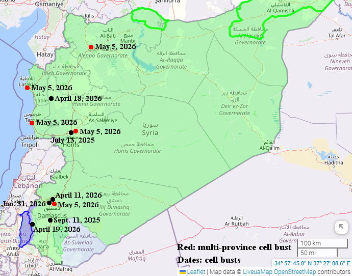 QalaatAlMudiq's tweet photo. Hezbollah-backed cells in post-Assad #Syria didn't focus on Israeli-linked targets, but planned & carried out a mix of targeted & terror attacks in several areas, with a particular focus on Damascus.

This map lists them all.

Almost all operatives were ex-Regime members trained by Hezbollah in Lebanon, then smuggled back into Syria.

6 out of 7 cells were busted before carrying out their attacks. 

IEDs were a common factor in half of the attacks, though locally available weapons were also used.

Breakdown: 

- July 13, 2025: planned terror attack with IEDs in Homs 

- Sept., 11 2025: Kiswah-Sasaa (S. Damascus), attack planned with Grads & anti-tank missiles, targets unspecified

- Jan 31, 2026: 3 terror attacks carried out in Mazzeh district (Damascus) with Grad rockets 

- April 11, 2026: planned IED attack on a Rabbi in Damascus

- April 18, 2026: planned IED attacks in Ghab, targets unspecified

- April 19, 2026: planned rocket attack vs Golan from Quneitra province

- May 5, 2026: most complex plot, 11-member cell planning assassinations of Government officials in Latakia, Tartus, Homs & Aleppo provinces.