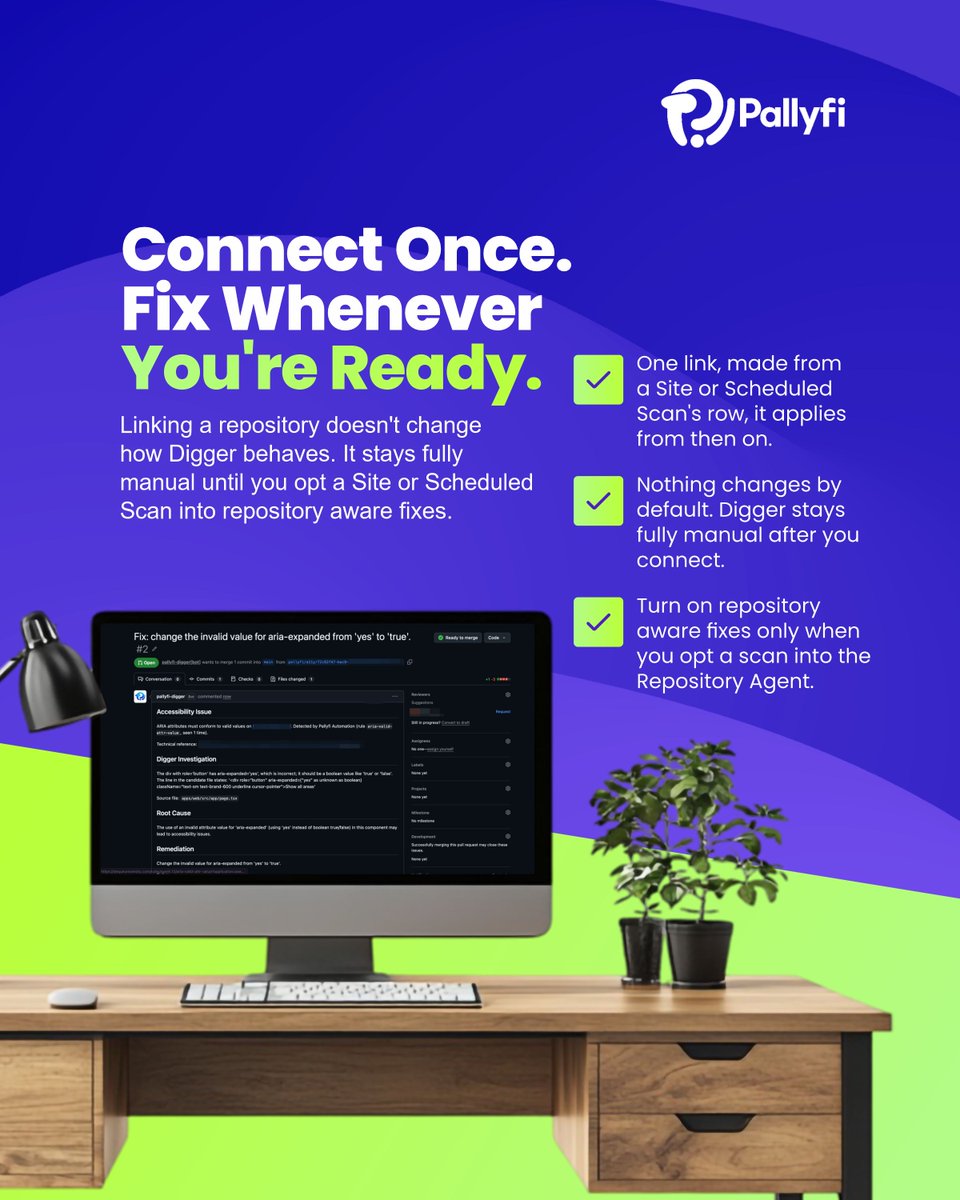 pallyfiHQ's tweet photo. Connecting a repository doesn't flip a switch. Digger stays fully manual until you decide a scan is ready for repository-aware fixes.

#Pallyfi #WebAccessibility #A11y #GitHub https://t.co/swuL1Kt2UK