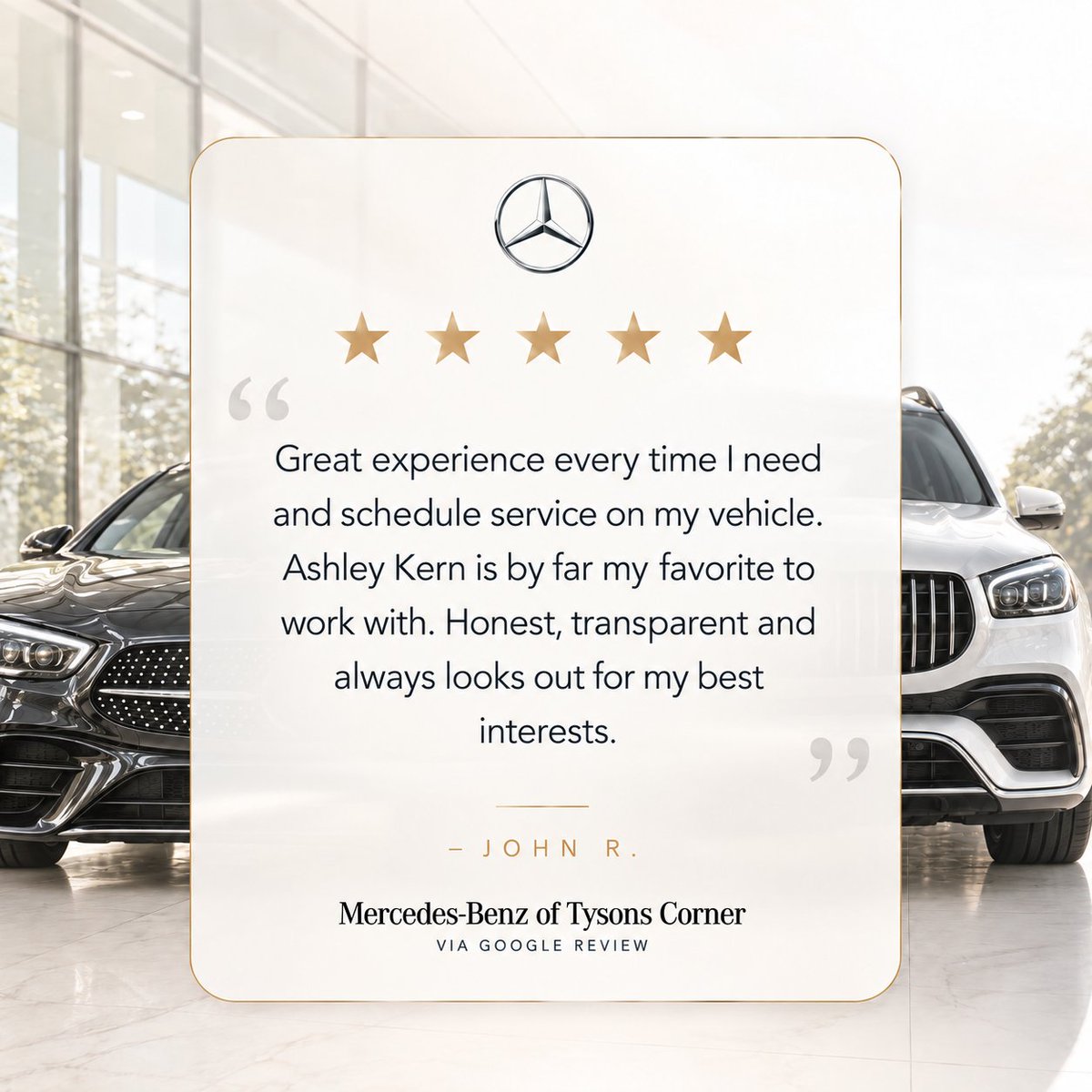 tysonscornermb's tweet photo. Thank you, John, for the kind words! We’re proud to have Ashley Kern delivering honest, transparent service at Mercedes-Benz of Tysons Corner. #MercedesBenz #TysonsCorner #FiveStarService #MercedesBenzTysonsCorner https://t.co/YHGX7t6E6L