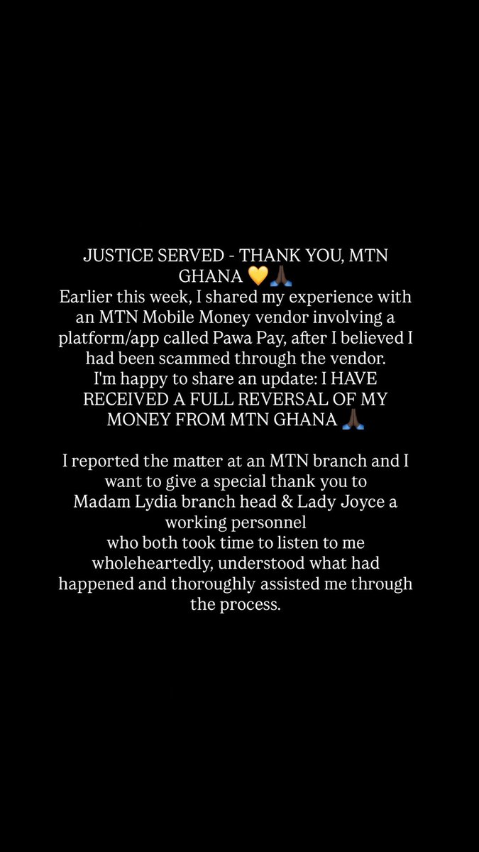 1dapperjayden_'s tweet photo. Thank you @MTNGhana 🙏🏾💛

Thank you Madam Lydia &amp; Lady Joyce. 
And thank you to everyone who supported, shared and followed up on my earlier post.

Stay vigilant, Stay safe.

#MTNGhana #MobileMoney #MoMo #ConsumerProtection #StayAlert #ScamAlert https://t.co/moLi2PVmtu