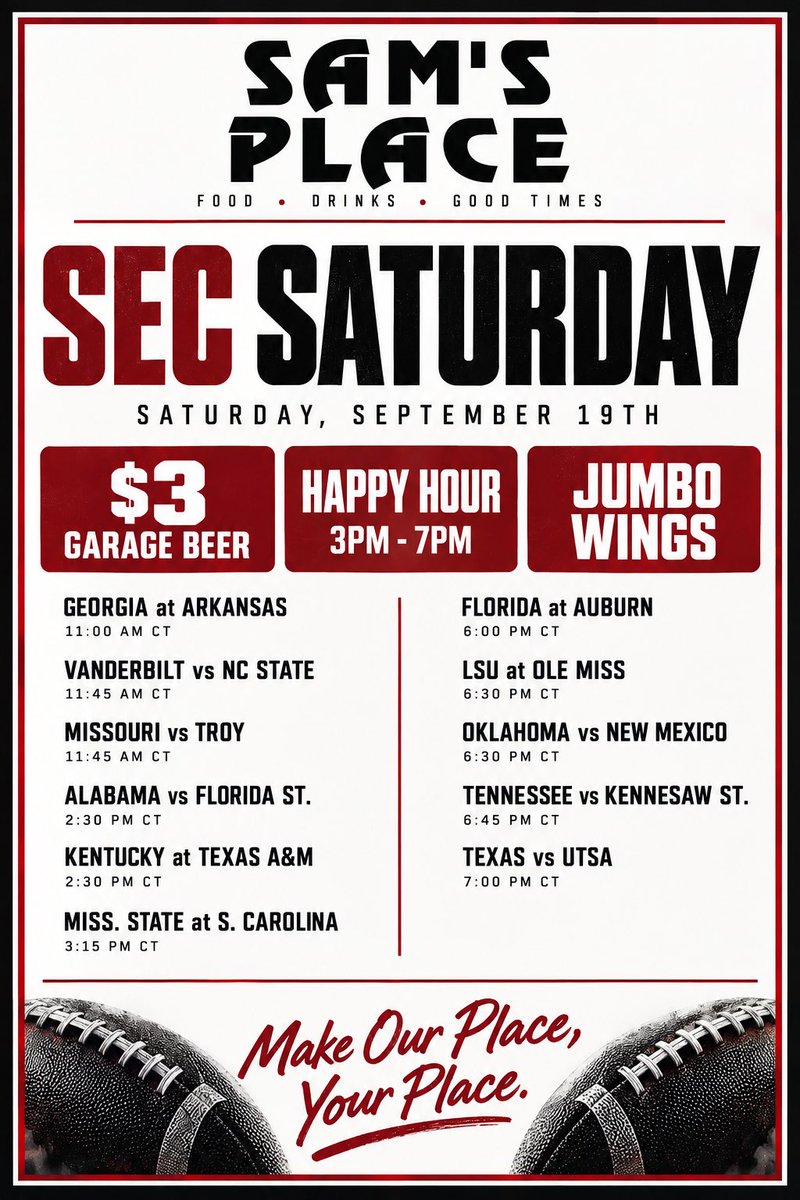 SamsPlaceTN_'s tweet photo. π SATURDAYS ARE FOR SAMβS. π»
Big games. Big wings. Cold beer. All the Gameday energy.
πΊ $3 Garage Beer
π Jumbo Wings
π» Happy Hour 3β7PM
Make Our Place, Your Place.
#SamsPlace #SECSaturday #CollegeFootball #Gameday #NashvilleEats #SaturdayFootball https://t.co/K2H8I54R3Y