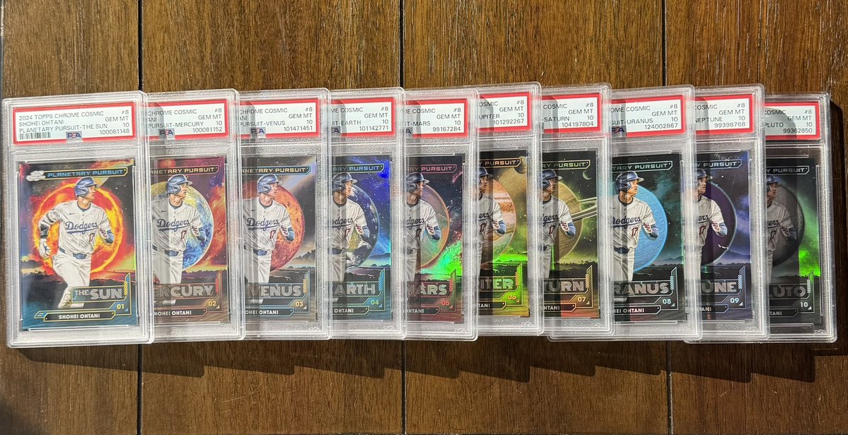 Topps's tweet photo. INCREDIBLE: @JerseyWild_  just completed one of the most impressive collections you'll EVER see... The entire Planetary Pursuit of Shohei Ohtani, each card in perfect PSA 10 condition 🔥

'Planetary Pursuit' places MLB players on every planet in the solar system, but the further they are from the sun, the cards become increasingly rare 👀

It's extremely difficult to collect an entire pursuit of ANY player... Doing it for the reigning NL MVP, all in perfect condition, is unreal. Congrats, Josh! 👏