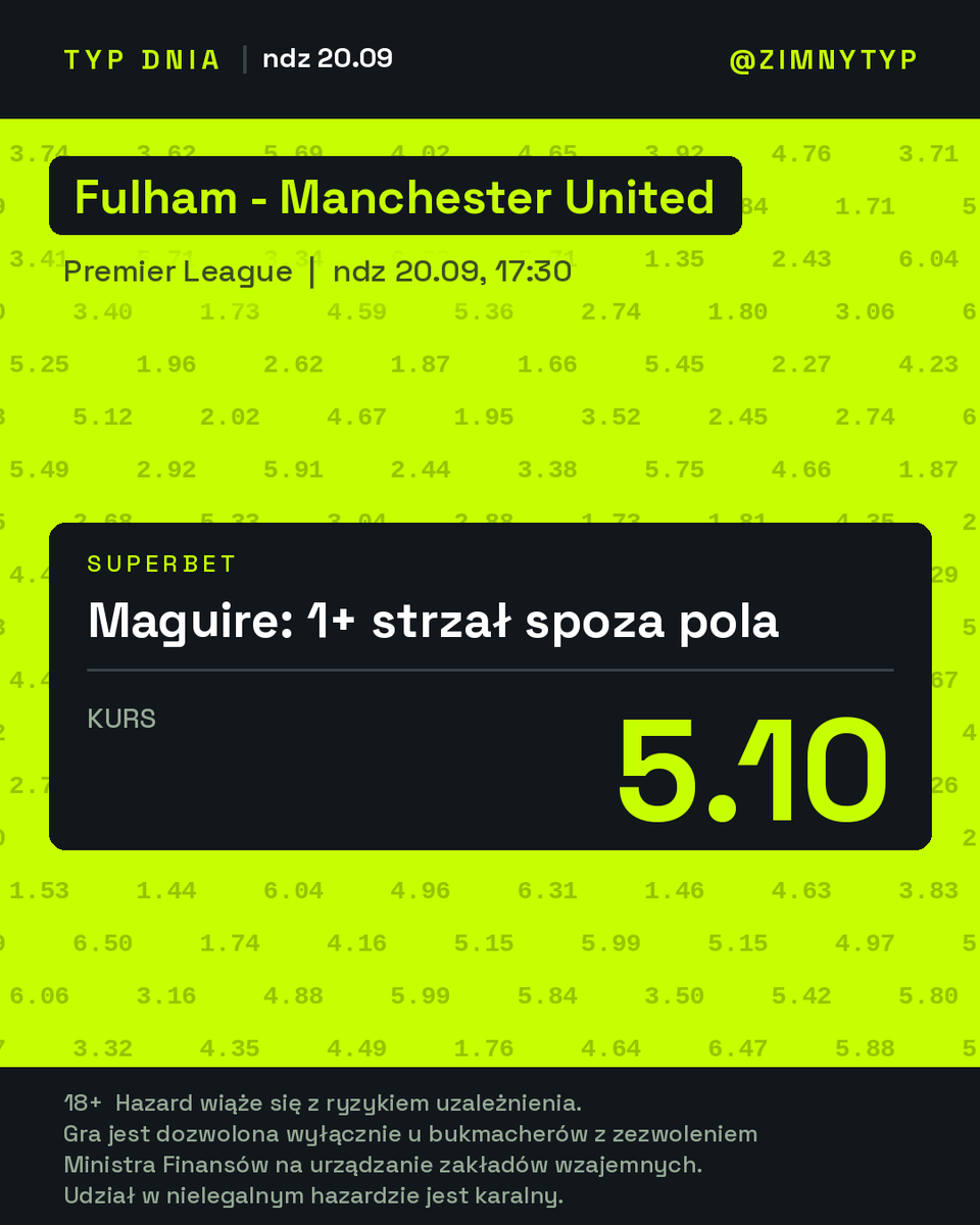 zimnytyp's tweet photo. Harry Maguire, 1+ strzał spoza pola karnego, kurs 5.10.

Stoper, wiem. Ale United jadą na Craven Cottage z 21 strzałami na mecz, a Fulham wciąż czeka na pierwszą wygraną. Ktoś te odbite piłki będzie zbierał na rogu szesnastki.

Kurs jakby nigdy tego nie robił. https://t.co/DBBMjmeXMO