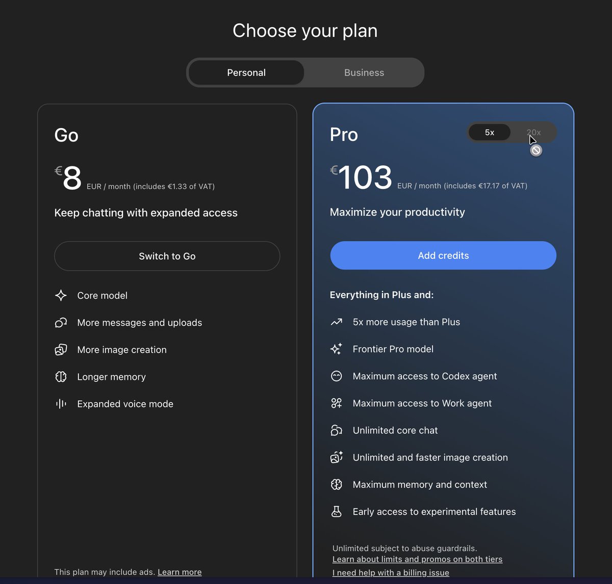MoStark_ai's tweet photo. @thsottiaux @romainhuet @sama any reason why I can't choose the 20x offer? I'm in France btw https://t.co/SSXn9Y4zIN