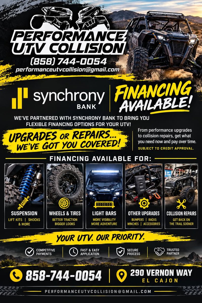 PerformanceUTV's tweet photo. 🔥🏁 GET YOUR UTV BUILT. REPAIRED. UPGRADED. NOW WITH FINANCING! 🏁🔥

🚨 PERFORMANCE UTV COLLISION CENTER IS PARTNERING WITH SYNCHRONY BANK! 🚨

Dreaming of that next upgrade? Need repairs but want to keep your cash in your pocket? We've got you covered! 💪 https://t.co/LU5JZ7gxjF