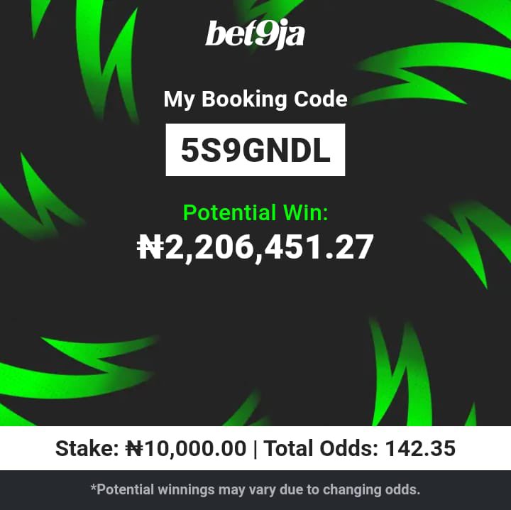 Timmyofdelta's tweet photo. 142 &amp; 300 Odds 

Codes ⬇️
5S9GNDL
5S9HD76

#Bet9jaCode https://t.co/IxviOSOqAX