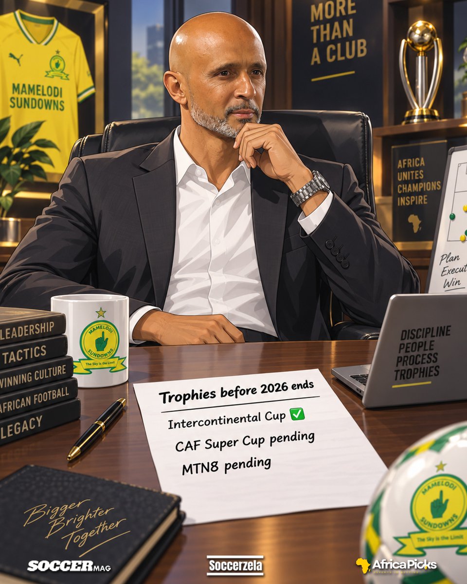 soccerzela's tweet photo. Miguel Cardoso after clinching the Asian African Intercontinental Cup 🏆 has sights on two more before 2026 comes to an end.

Do you think Mamelodi Sundowns can win the remaining two Cup games?

#Soccerzela 
#BafanaBaStyle https://t.co/fp74eE2EZI