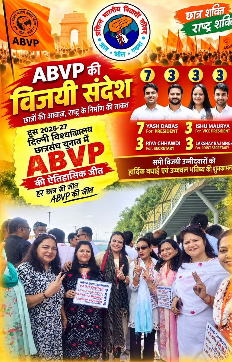 Priyank36080778's tweet photo. ABVP को ऐतिहासिक जीत पर बहुत-बहुत हार्दिक बधाई शुभकामनाएं https://t.co/c9VIcxELFJ