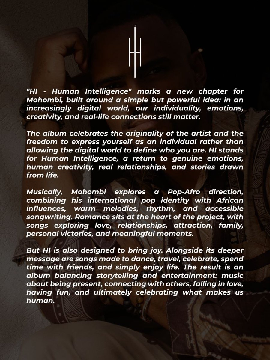 Mohombi's tweet photo. Mon nouvel album, Human Intelligence, arrive le 25 septembre.

De mon identité d'Afro-Viking aux collaborations avec Pitbull, Jennifer Lopez, J Balvin et Beyoncé, je porte nos mélodies pour rappeler à la jeunesse congolaise la créativité humaine, nos racines et la force de notre peuple qu'aucun algorithme ne peut remplacer.

https://t.co/V6UZtCi4hO 🇨🇩💫