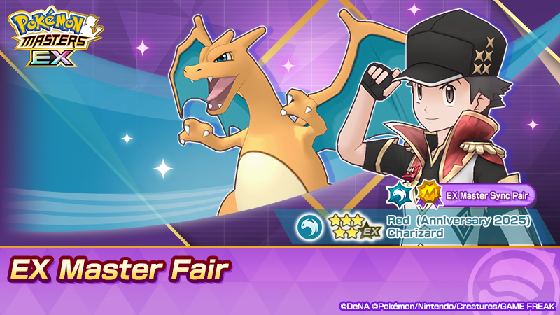 PokemonMasters's tweet photo. 5★ Red (Anniversary 2025) &amp; Charizard are back!

Special Present! Red EX Master Fair is also available! If you use this scout, you’ll get a Tech Roll Cake the first time you team up with the above sync pair!

Learn more via the sync pair scout screen.

#PokemonMasters https://t.co/C5lN7v3lL5