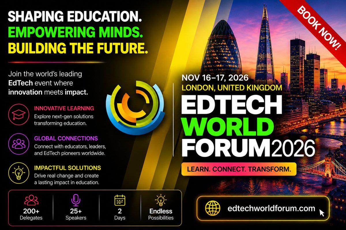 aiinstituteuk's tweet photo. EDTECH WORLD FORUM 2026
📅 Nov 16-17, 2026
📍 London
🔗 https://t.co/2sa25zEq3o

#edtech #education #aiineducation #elearning #learningtech #learningtechnologies #exeutiveeduction #highereducation #onlinelearning #digitallearning #digitaleducation #aiinschools https://t.co/fVgLVO3dIN