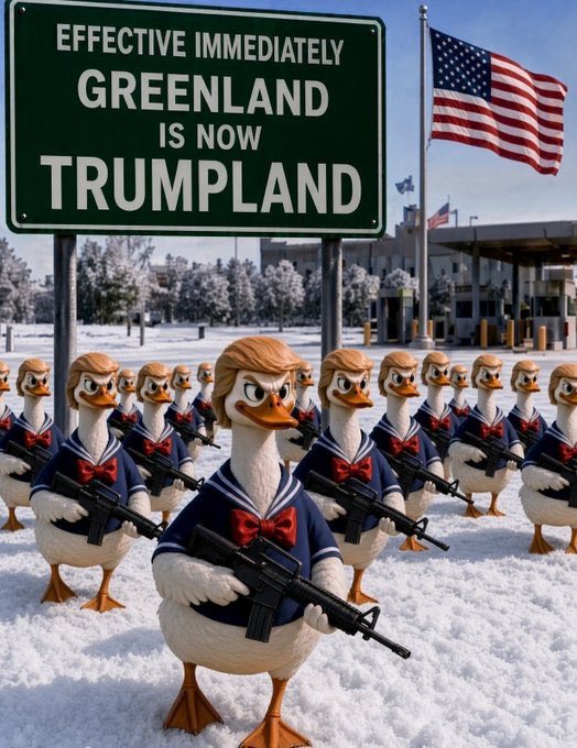 Redhead4645's tweet photo. @Effective immediately: Greenland is now TRUMPLAND!”🦆🇺🇸❄️
These ducks aren’t negotiating. Quack yeah. #Trumpland
Nobody gets their ducks in a row like @POTUS “Trump says what he means-and means what he says” https://t.co/xabVoyRdps