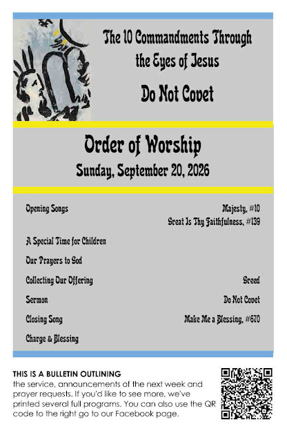 EdRudiger's tweet photo. The Program and Bulletin for the SPC Worship Service - Sunday, September 20, 2026
#Bulletin #DoNotCovet #greed #program #TenthCommandment #The10CommandmentsThroughtheEyesofJesus #worshipservice
https://t.co/POMf4MkeW8 https://t.co/lNmMSBmhDF