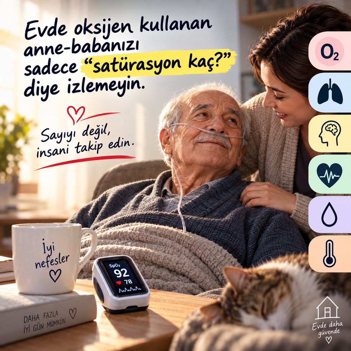 Ferhatarslandr's tweet photo. Oksijenli ANA-BABA

Evde oksijen verilen anne-babanızı sadece “satürasyon kaç?” diye izlemeyin.

Oksijen bir ilaçtır. Amaç değeri mümkün olduğunca yükseltmek değil, hastaya uygun hedef aralıkta tutmaktır.

Evde şu 6 şeyi birlikte takip edin:

1. SpO₂: Oksijen takılıyken kaç? Çıkarıldığında hızla düşüyor mu? Öncekine göre belirgin değişiklik var mı?
2. Solunum sayısı: Hasta dinlenirken tam 1 dakika sayın. Solunumun giderek hızlanması önemlidir.
3. Bilinç: Eskisinden daha uykulu, dalgın, zor uyandırılıyor veya konuşması anlamsız mı?
4. Nefes alma biçimi: Konuşurken cümleyi tamamlayabiliyor mu? Göğüs ve boyun kaslarını kullanarak mı nefes alıyor?
5. Nabız ve tansiyon: Sadece tek ölçüme değil, saatler içindeki değişime bakın.
6. İdrar: Belirgin azalması; dolaşım bozukluğu, sıvı kaybı veya başka ciddi sorunların habercisi olabilir.

En önemli nokta: “Satürasyon 98 oldu, demek ki iyi” diye düşünmeyin. Özellikle KOAH veya CO₂ tutma riski olan hastalarda gereğinden fazla oksijen zararlı olabilir. Bu hastalarda hedef çoğunlukla %88–92; CO₂ tutma riski olmayan akut hastalarda ise genellikle %94–98 kabul edilir. Hedef kişiye göre hekim tarafından belirlenmelidir.

Oksijen akımını sürekli kendi kendinize artırıp azaltmayın. Oksijene rağmen satürasyon hedefe gelmiyorsa veya giderek daha fazla oksijen gerekiyorsa, sorun cihaz değil hasta olabilir.

Yeni bilinç bozukluğu, morarma, ciddi nefes darlığı, hızla kötüleşme veya oksijene rağmen belirgin düşük satürasyon varsa evde rakamlarla uğraşmak yerine 112/acil değerlendirme gerekir.

Oksimetre bir sayı verir; hastayı ise siz gözlersiniz. Sayıyı değil, insanı takip edin.