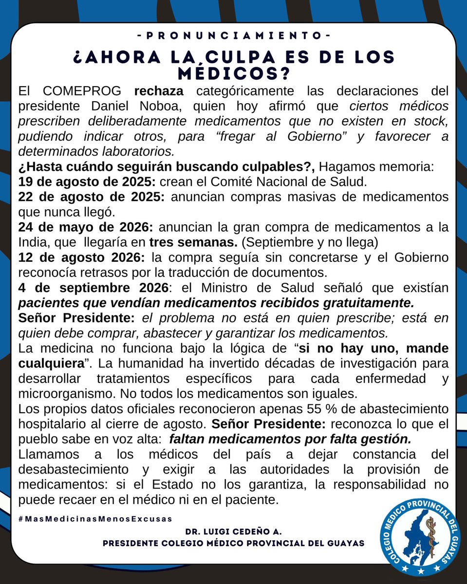 ecuainm_oficial's tweet photo. ‼️#URGENTE
El Colegio Médico Provincial del Guayas rechazó las declaraciones del presidente Daniel Noboa sobre médicos que prescribirían medicamentos que no constan en stock pese a existir alternativas. El gremio sostuvo que el problema del desabastecimiento corresponde a quienes deben comprar y garantizar la provisión de medicinas, y cuestionó que se responsabilice a médicos y pacientes.
EN