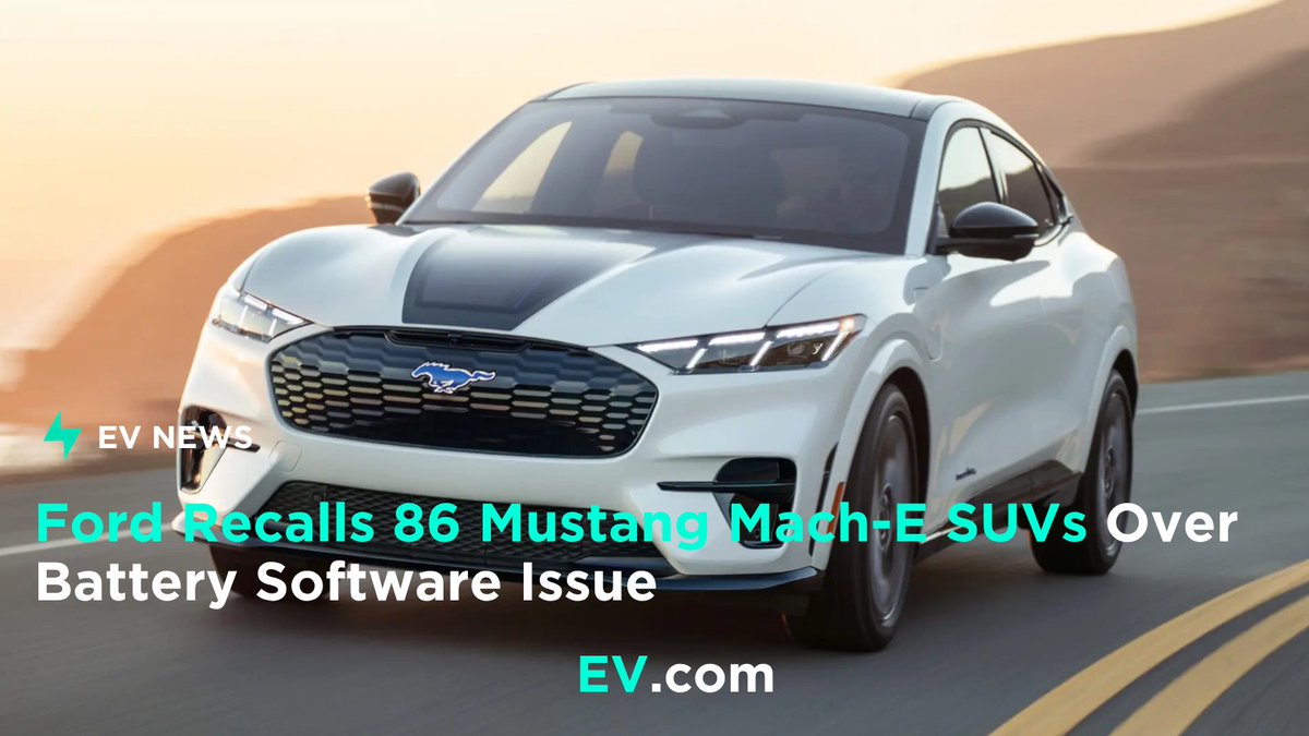 EVcom's tweet photo. Ford is recalling 86 Mustang Mach-E electric crossovers from the 2023-2025 model years over incorrect Battery Energy Control Module software.

The issue can cause inaccurate state-of-charge readings, unexpected power limitation or battery overheating. Dealers will update the software for free.

https://t.co/GebPfsx8gV