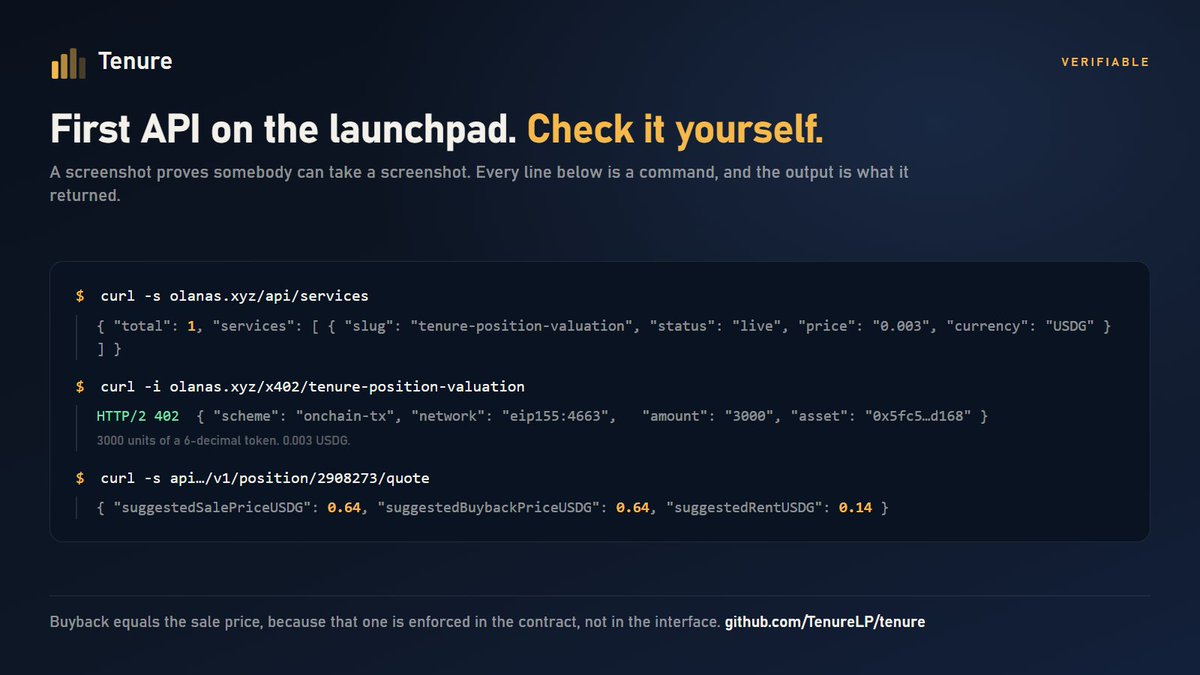 tenureLP's tweet photo. The listing, checkable from anywhere:

curl -s https://t.co/TIkKS5YXdQ
{ "total": 1 }

The @Olanas_Infra gateway takes zero platform fee. So does the protocol underneath it. Nobody stands between the payer and the service. https://t.co/S2L3mI2TxB