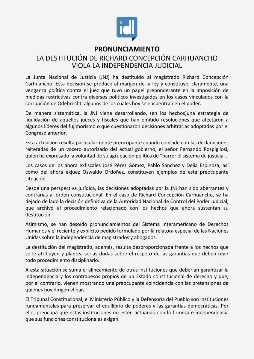 Ideele's tweet photo. #PRONUNCIAMIENTO La destitución de Richard Concepción Carhuancho viola la independencia judicial.

Leer en web: https://t.co/BCKNF5Lqif https://t.co/gvSjWbNpO3