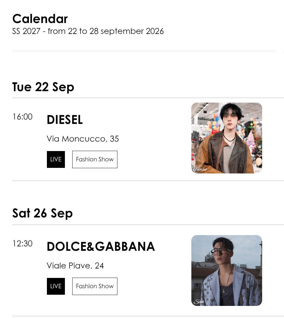 ATEEZUD's tweet photo. [🗓] Milan Fashion Week Schedule (Spring Summer 2027)

• YUNHO — DIESEL (September 22)
• SAN — DOLCE&amp;GABBANA (September 26)
.
#ATEEZ #에이티즈 #YUNHO #CHOISAN @ATEEZofficial https://t.co/0av9kfCvIz