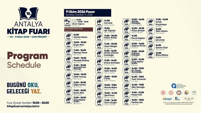 KitapFuariAnt's tweet photo. 11 Ekim’de #16AntalyaKitapFuarı’nda son gün heyecanı!
10 gün boyunca devam eden fuarın son gününde kitaplar, yazarlar ve hikayeler Cam Piramit’te yerini alıyor. 📚✨

🗓️ 2 – 11 Ekim 2026
⏰ 10.00 – 20.00
📍 Cam Piramit
#AntalyaKitapFuarı #BugünüOkuGeleceğiYaz https://t.co/pyhzIhoMAi