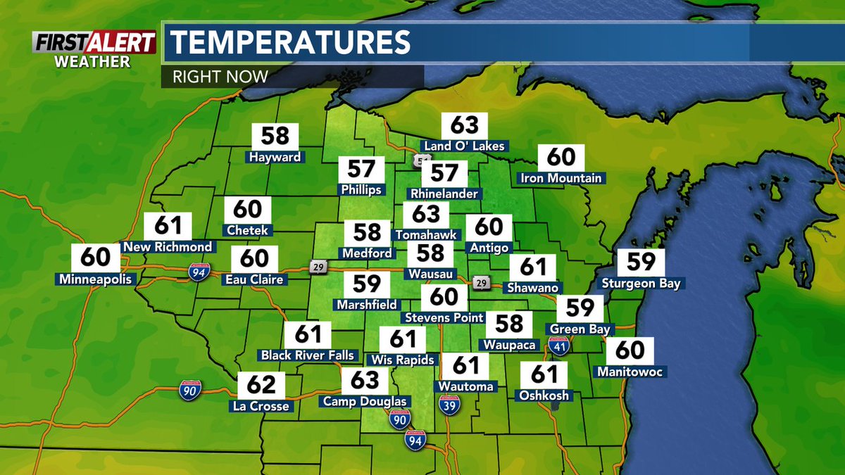 WSAW's tweet photo. Here's a look at the lunch time temperatures across central #Wisconsin.
Latest #WSAW #FirstAlert #weather #forecast for the rest of the day-> https://t.co/YlFhuQmMpS https://t.co/BHJ9G5TmBG