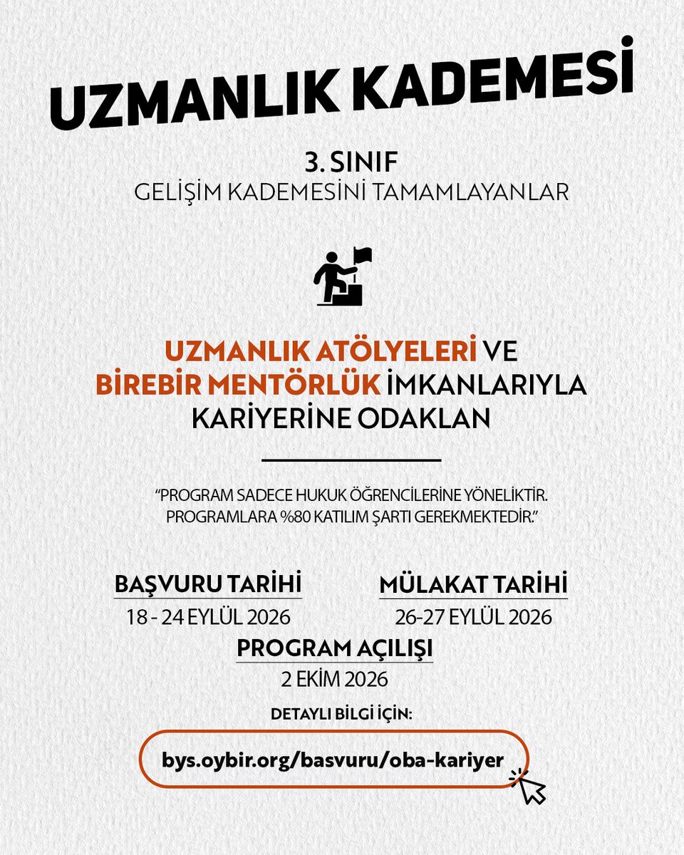 oybirligiorg's tweet photo. Oybirliği Kariyer Programı Başvuruları Başladı! 

​Geleceğin hukukçularını desteklemek ve kariyer yolculuklarında bir adım öne çıkmalarını sağlamak amacıyla hazırladığımız burs destekli Kariyer Programımız için başvurular açıldı!

​Peki, bu programda seni neler bekliyor?

Her sınıf seviyesine özel olarak hazırladığımız kademelerimizle seni profesyonel hayata hazırlıyoruz:

​Keşif Kademesi (Hukuk 1. Sınıflar):
Yüksek yargı mensupları, akademisyenler ve tecrübeli avukatlarla tanışıp tecrübe paylaşımı yapabilir, mentörün eşliğinde adliye, baro ve hukuk bürosu atmosferini yakından deneyimleyebilirsin.

​Gelişim Kademesi (Hukuk 2. Sınıflar):
Hukuk kültürü, muhakeme, düşünce tarihi ve metodoloji okumalarıyla hukuk vizyonunu genişlet. 

​Uzmanlık Kademesi (Hukuk 3. Sınıflar - Gelişim'i tamamlayanlar):
Uzmanlık atölyeleri ve birebir mentörlük imkanlarıyla kariyerine tam odaklan. Gelecekte uzmanlaşmak istediğin alanı keşfet.

​Program sadece İstanbul’daki hukuk fakültesi öğrencilerine yöneliktir.

​Programlara %80 katılım şartı aranmaktadır.

​Başvuru Tarihi: 18 - 24 Eylül 2026
​Mülakat Tarihi: 26 - 27 Eylül 2026
​Program Açılışı: 2 Ekim 2026

Başvuru: https://t.co/WXfvBTskbL