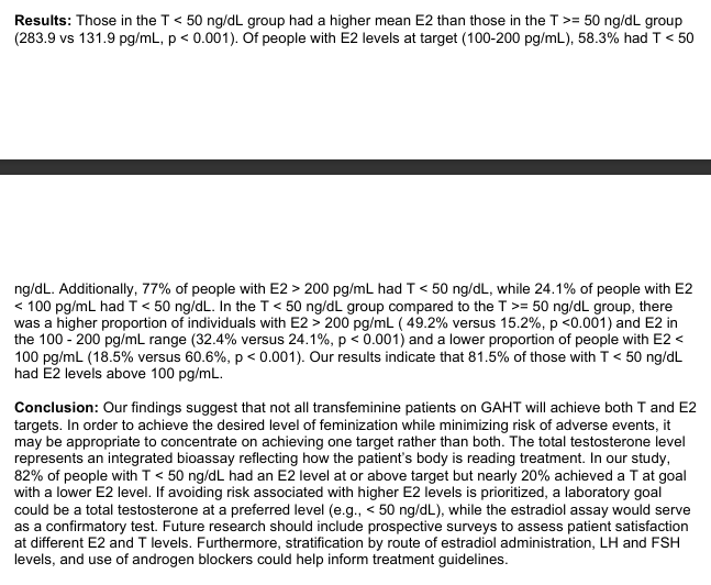 LilacNRoses's tweet photo. IMPORTANT PSA FOR TRANS WOMAN! 

E2<200pg/mL of Estrogen is outright bad for your transition. 58% of transfem people between 100-200pg cannot sufficiently suppress testosterone at that level. You should be ABOVE 200! https://t.co/5rSTI90fVg