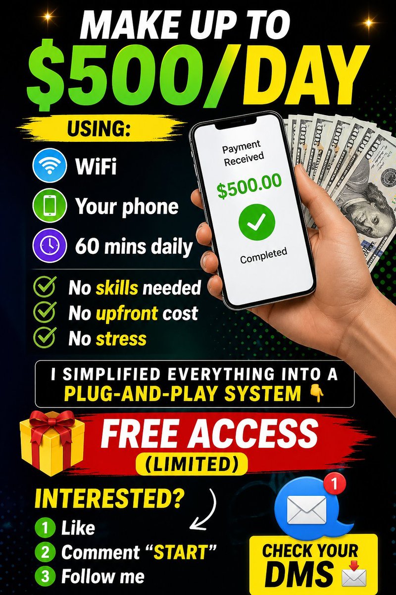 AIwithSajid's tweet photo. Make up to $500/day using:

• WiFi
• Your phone
• 60 mins daily

No skills needed
No upfront cost
No stress

I simplified everything into a plug-and-play system 👇

🎁 Free access (limited)
Interested?

→ Subscribe 
→ Comment “START”
→ Follow @AIwithSajid

Check your DMs 📩 https://t.co/Iw5RH3z2W2