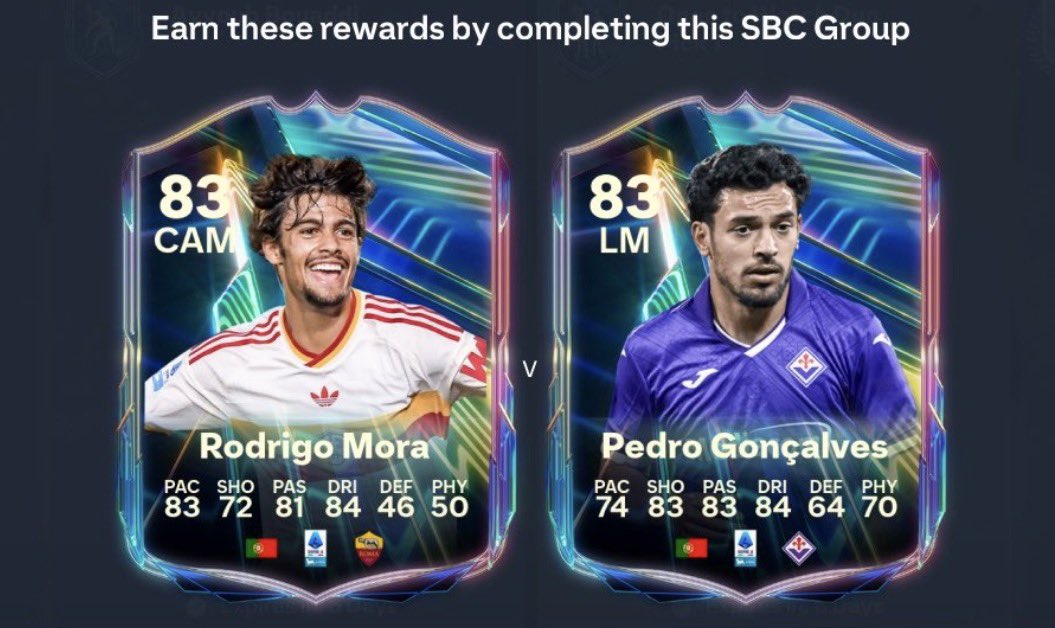 UTSources's tweet photo. 🚨The Rodrigo Mora 🇵🇹 vs Pedro Gonçalves 🇵🇹 cost 20k SBC Points 

Cheapest Solution 👇

• ✅ 1x87 
• ✅ 1x85 
• ✅ 15x84

Mora >>>>> https://t.co/hRFFTUJ6qG