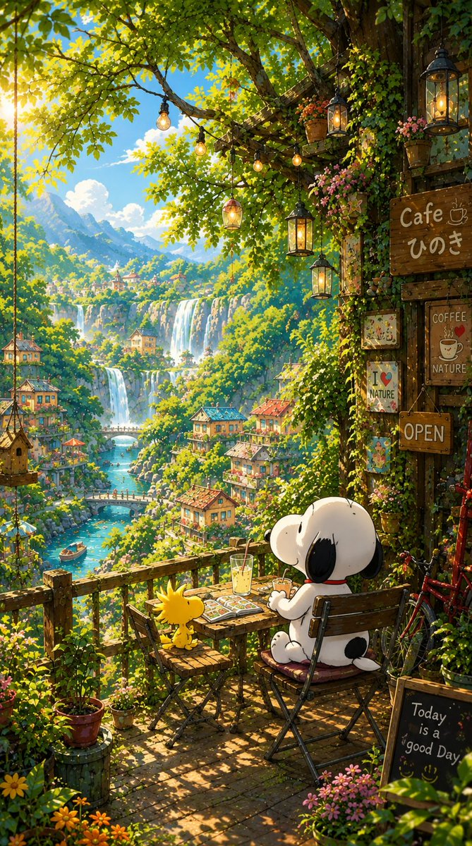 SnoopyWallpaper's tweet photo. Waterfall Cafe with Snoopy https://t.co/8vL61SRapu