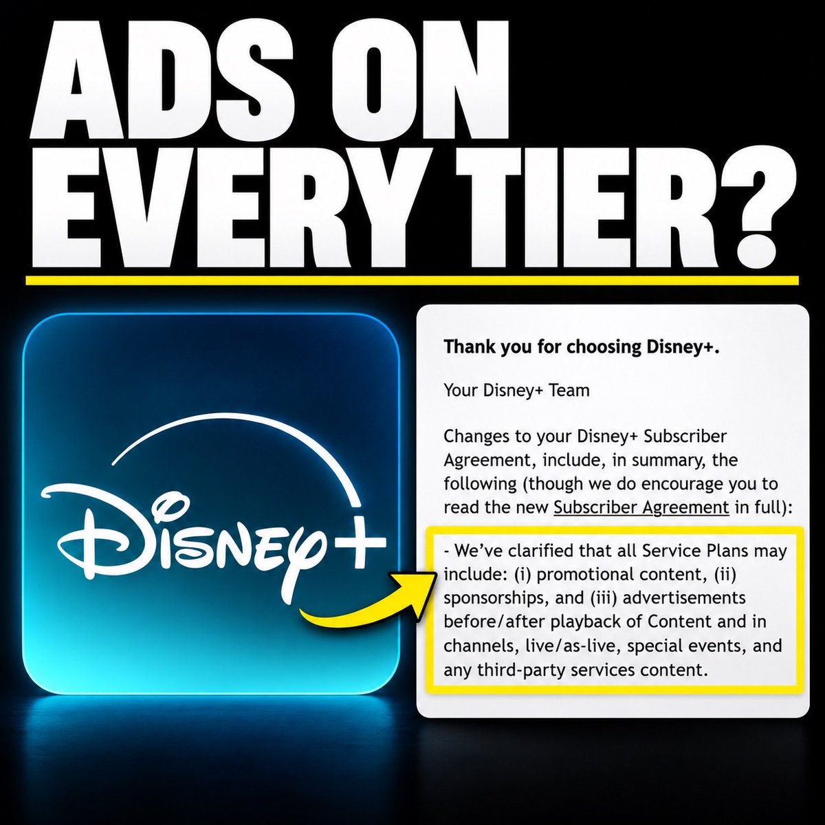 GamewithDave's tweet photo. Disney+ has updated its subscriber agreement to allow adverts before and after movies and shows across every subscription tier although it says not everyone will necessarily see them.

Ads should not be appearing on a service we already pay for. It’s getting ridiculous. https://t.co/WShphGlzZD
