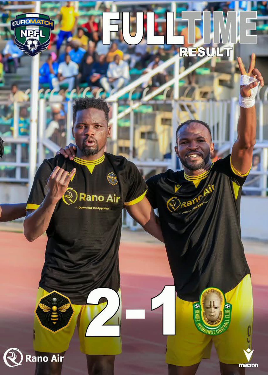 ranchers_bees's tweet photo. FULL-TIME IN KANO! π
THREE POINTS FOR THE BEES! π€π
Zilkifiluβs 80th-minute thunderbolt is enough to seal the win and his 5th goal of the season.
Ranchers Bees 2-1 Bendel Insurance
What a fight from the boys.
UP BEES!
#LetsGoBees
#EuromatchNPFL27 https://t.co/YxMi1CodYg