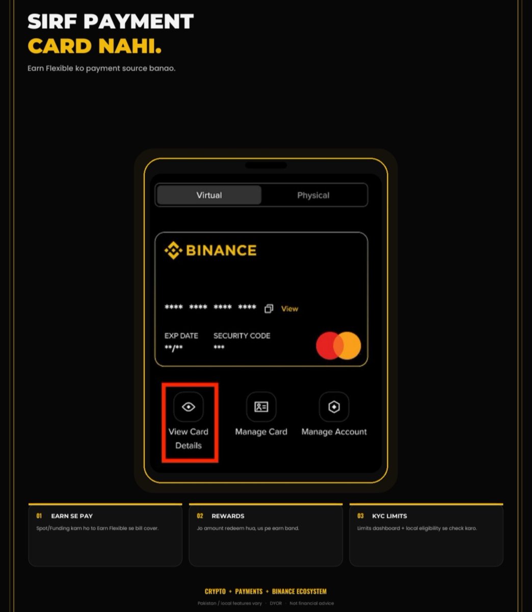 AyeshaAhmed_AX's tweet photo. Crypto + payments + Binance ecosystem = interesting combination
Aur Card ki transaction limits KYC level ke basis par hoti hain, isliye apni Card Dashboard mein limits check karna zaroori hai
#Binance #BinanceAcademy #LearnWithBinance #BinanceCard https://t.co/sDHed9H6rW