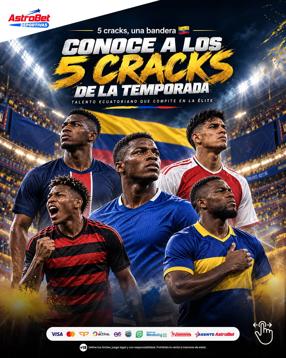 AstrobetOficial's tweet photo. 🇪🇨 5 cracks, una bandera. #Caicedo, #Pacho, H#incapié, #Plata y #EnnerValencia tienen nuevos retos esta temporada. 👀⚽
¿A cuál le vas a seguir la pista?
#Astrobet https://t.co/EoOZ7IYg50