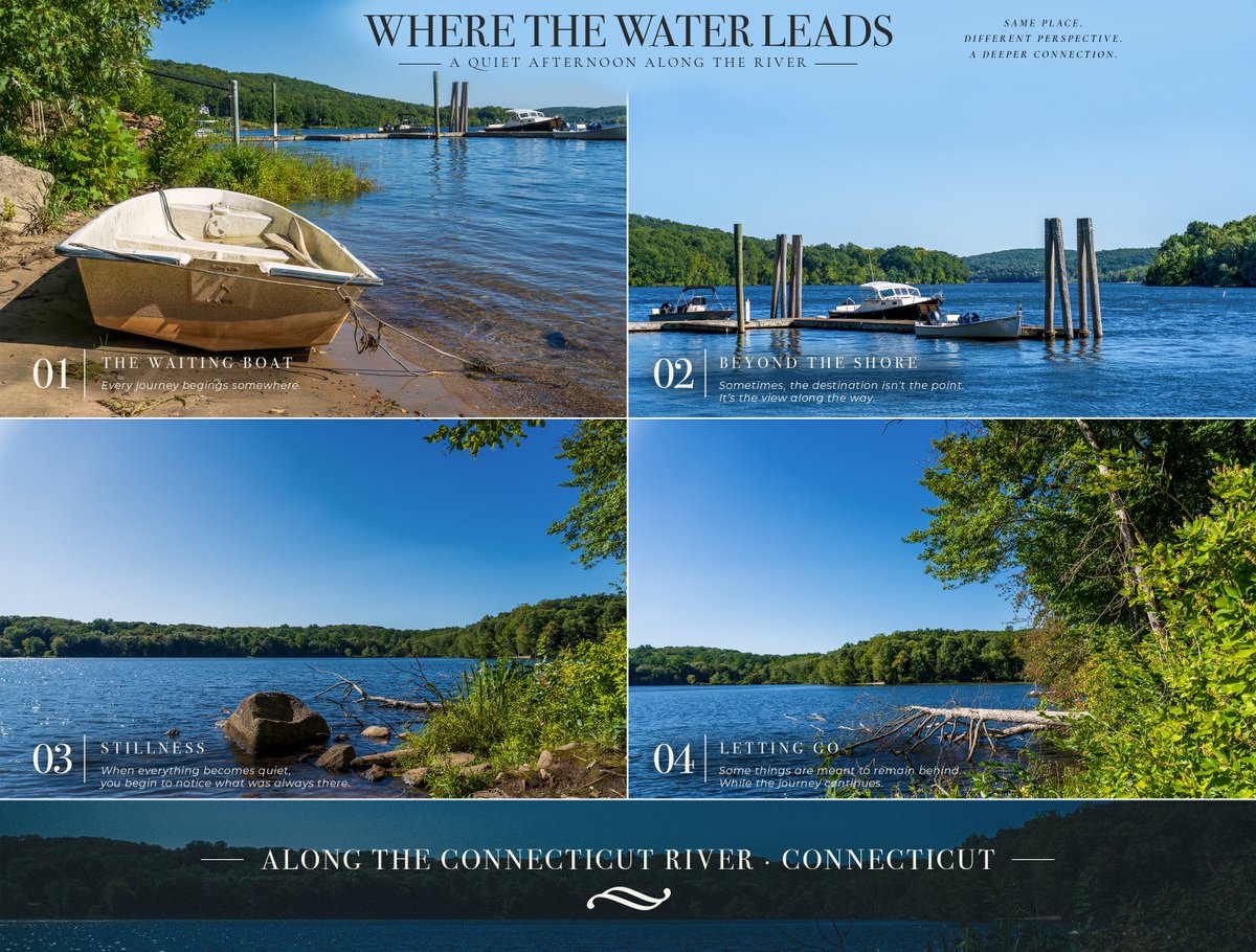 WR_Jr71's tweet photo. WHERE THE WATER LEADS
4 images. One place. Different perspectives.

A photographic story along the Connecticut River—moving from waiting, to discovery, to stillness, and finally, letting go.

📍 Connecticut River · Connecticut
📸 @WR_Jr71 
🎨 @TN_Graphics_ 
#ConnecticutRiver https://t.co/x8dpNMdXJA