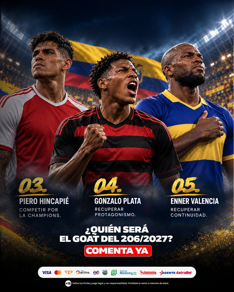 AstrobetOficial's tweet photo. 🇪🇨 5 cracks, una bandera. #Caicedo, #Pacho, H#incapié, #Plata y #EnnerValencia tienen nuevos retos esta temporada. 👀⚽
¿A cuál le vas a seguir la pista?
#Astrobet https://t.co/EoOZ7IYg50