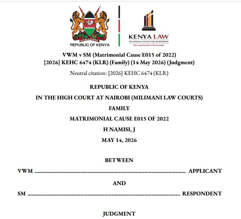 LegalEasy_KE's tweet photo. VWN -v- SM Matrimonial Caise E015/2022 

Property inherited during subsitence of marriage form part of matrimonial property amenable to division in the event of a divorce, more so where the Applicant proves contribution. 

property is jointly registetred, joint tenancy is severed https://t.co/gk8EZxCwfr
