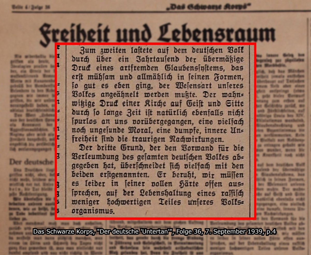 NS_Gottliche's tweet photo. 𝐀𝐆𝐀𝐈𝐍𝐒𝐓 𝐓𝐇𝐄 𝐅𝐎𝐑𝐄𝐈𝐆𝐍 𝐅𝐀𝐈𝐓𝐇 𝐖𝐇𝐈𝐂𝐇 𝐁𝐔𝐑𝐃𝐄𝐍𝐄𝐃 𝐔𝐒

"Secondly, for over a millennium, the German people were burdened by the excessive pressure of an alien faith system, which only had to be painstakingly and gradually adapted, as best as possible, to the nature of our people. The delusional pressure exerted by the Church on spirit and morality for such a long time has of course not left us unaffected; a largely unresolved morality and a dull, inner lack of freedom are the sad after-effects."

Source: Das Schwarze Korps, "Der deutsche 'Untertan'", Folge 36, 7. September 1939, p.4

See Post: https://t.co/6562cWZ0v5