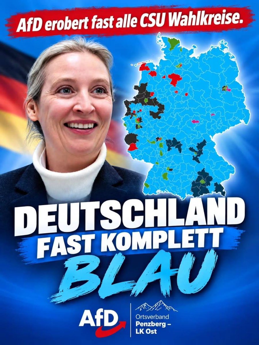Nicopeters1703's tweet photo. Laut der neuesten Wahlkreisprognose von INSA färbt sich Deutschland auf der Karte fast flächendeckend blau. Selbst in Bayern, wo die CSU traditionell stark ist, liegt die AfD in dieser Projektion vorn. 🇩🇪

Deutschland auf der Wahlkreis-Karte: blau. 💙 https://t.co/cSE6CtO3nT