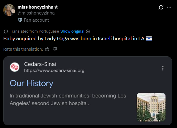 HenMazzig's tweet photo. People are trying to cancel Lady Gaga for having her baby delivered in a Jewish hospital.

And, remember, they will throw a fit screaming and crying if you even dare suggest that maybe they are being antisemitic.

Maybe if they want to stop being called antisemitic they should be less obviously antisemitic but that's just what I think.