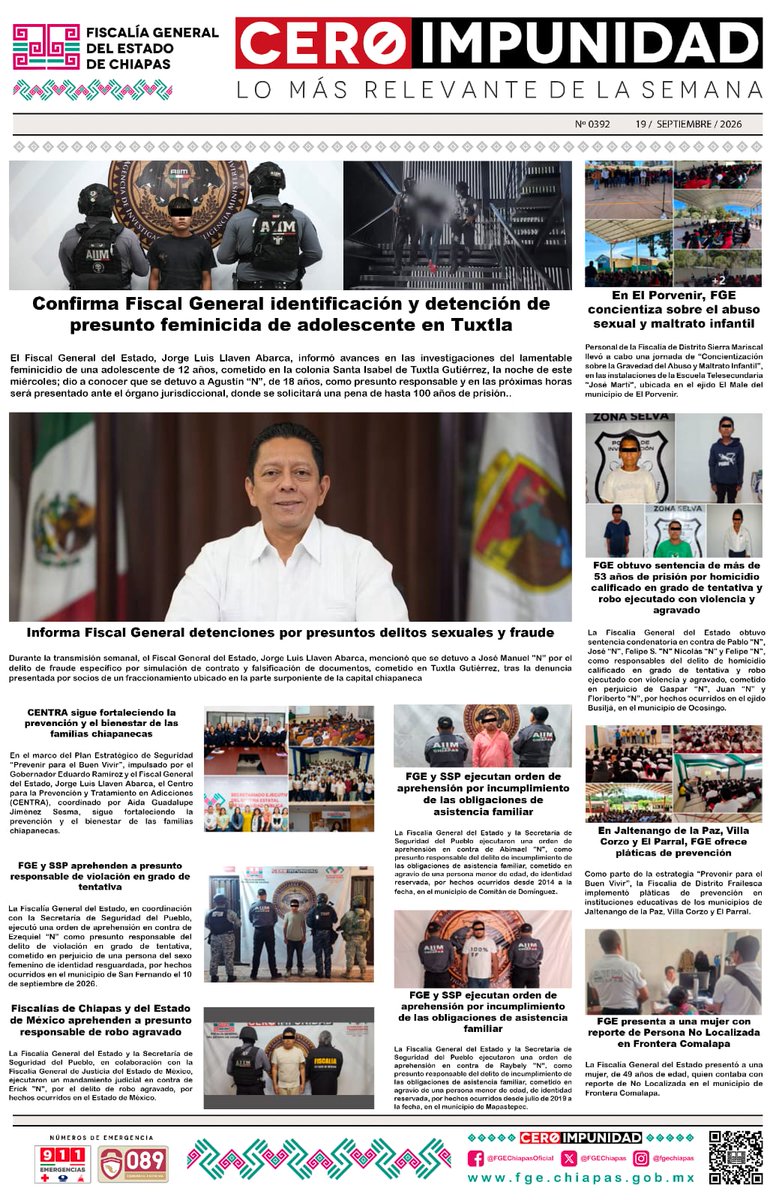 FGEChiapas's tweet photo. ¡No te pierdas de ningún detalle!
Conoce la información más relevante de la semana.
#FGEChiapas #089DenunciaAnónima #911Emergencias #JusticiaConHumanismo #CeroImpunidad https://t.co/T7U4HBKyXh