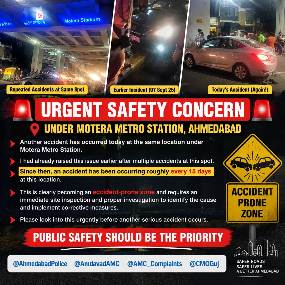 nitinkatariya92's tweet photo. 🚨 Same Spot, Another Accident!
I had raised this issue earlier. Since then, accidents have continued at this location roughly every 15 days. This now needs an immediate site inspection and proper investigation
@AhmedabadPolice @AmdavadAMC @AMC_Complaints @CMOGuj https://t.co/o6t9Z5gsrR
