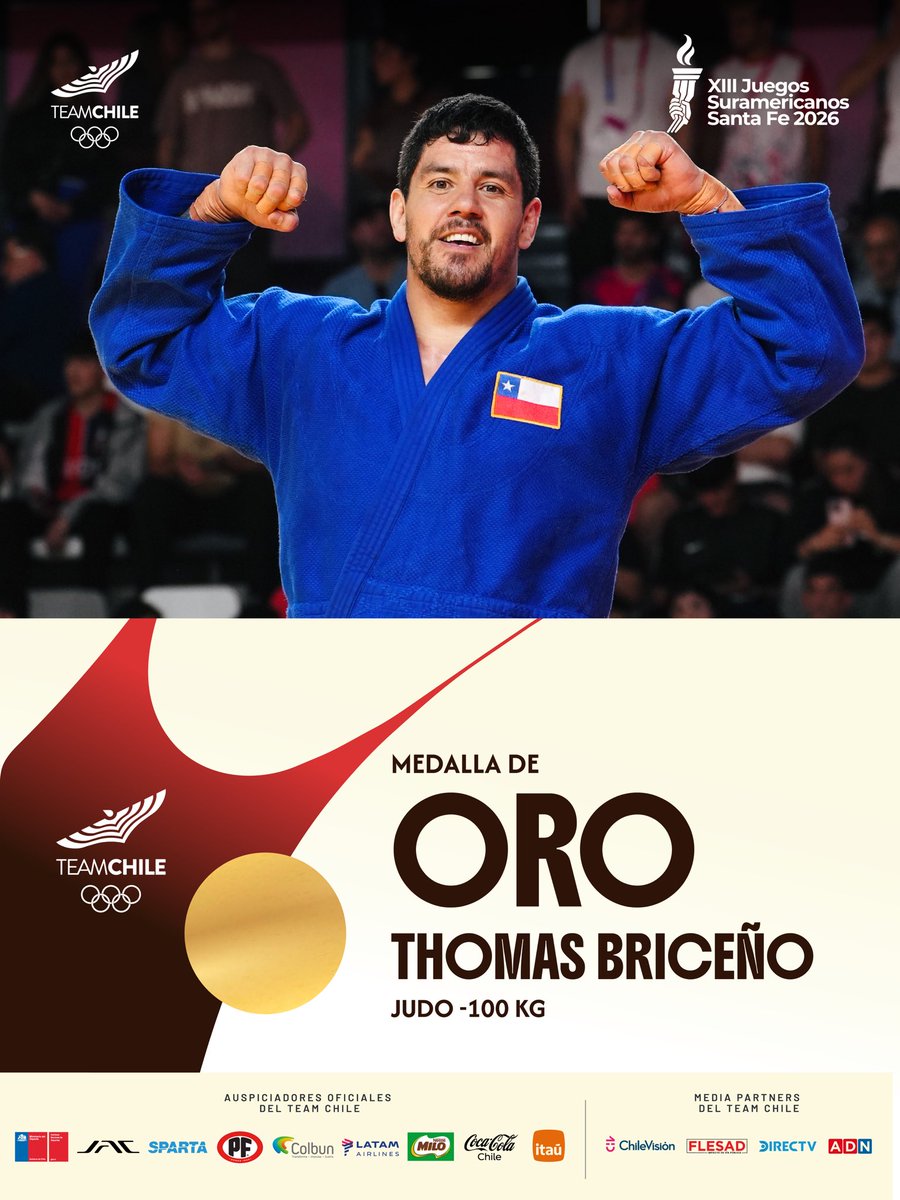 TeamChile_COCH's tweet photo. ¡LA LEYENDA THOMAAAS! 😮‍💨🥇🥋

El experimentado Thomas Briceño logró la 21ª medalla de oro 🥇 para el Team Chile 🇨🇱 en los Juegos Suramericanos, luego de vencer a Samuel Corzo 🇻🇪.

Thomas, dos veces olímpico y campeón de Juegos Panamericanos, sacó a relucir toda su experiencia en el tatami para adjudicarse un oro 🥇 que le faltaba en su historial. Incluso venía sufriendo molestias físicas 🤕, pero nadaaaa le impidió demostrar que sigue siendo el MEJOR ❤️.

¡Enorme Thomas! 👏👏

#VamosTeamChile 🇨🇱