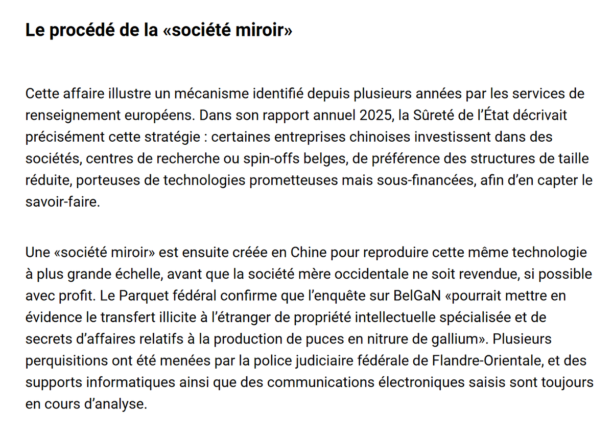 ViribusUnitis83's tweet photo. Cas d'école de prédation économique : une des entreprises technologiques les plus en pointe de Belgique, spécialisée dans les semi-conducteurs de dernière génération (BelGaN), a été rachetée par un groupe chinois pour être entièrement vidée de sa substance au profit d'un « groupe miroir » basé en Chine. Une fois le transfert des technologies et des brevets effectué, BelGaN a été déclarée en faillite et liquidée. 

Ces méthodes, pas exclusives à la Chine d'ailleurs (nos "amis" américains ne se privent pas), sont connues depuis longtemps. L'Europe reste pourtant toujours aussi vulnérable à ce type de prédation technologique.